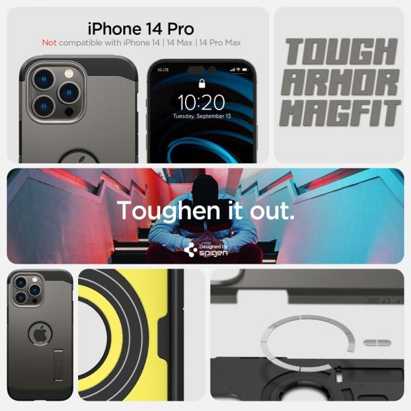 Spigen iPhone 14 Pro -suojakuori Tough Armor MagFit Gunmetal