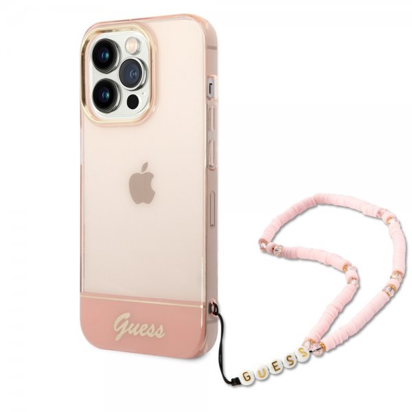 Guess iPhone 14 Pro Kuori Translucent with Strap Ruusu
