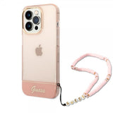 Guess iPhone 14 Pro Kuori Translucent with Strap Ruusu