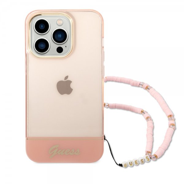 Guess iPhone 14 Pro Kuori Translucent with Strap Ruusu