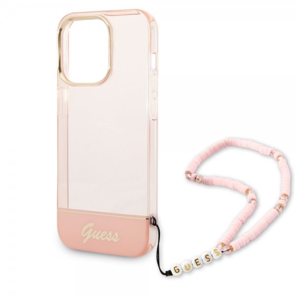 Guess iPhone 14 Pro Kuori Translucent with Strap Ruusu
