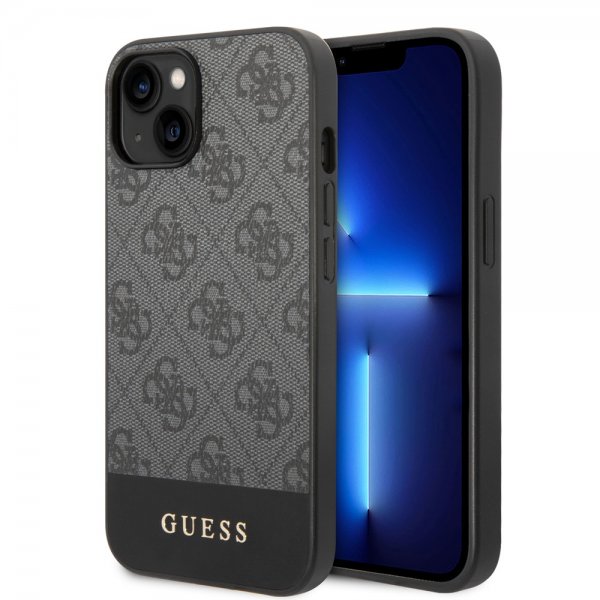 Guess iPhone 14 -suojakuori, Bottom Stripe Metal Logo, harmaa