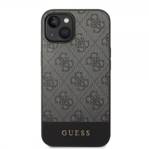 Guess iPhone 14 -suojakuori, Bottom Stripe Metal Logo, harmaa