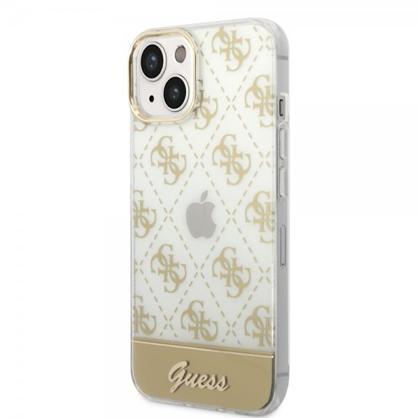 Guess iPhone 14 -suojakuori Bottom Stripe Script Logo, kulta