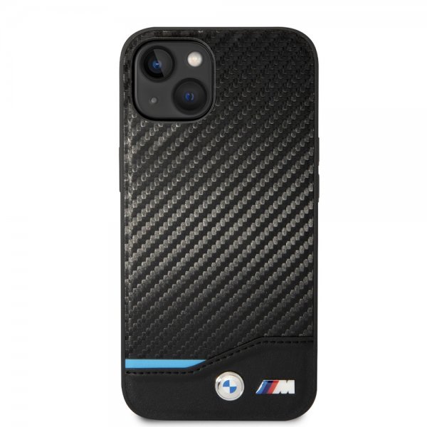 BMW iPhone 14 Suojakuori Carbon Effect Printed Logo Musta