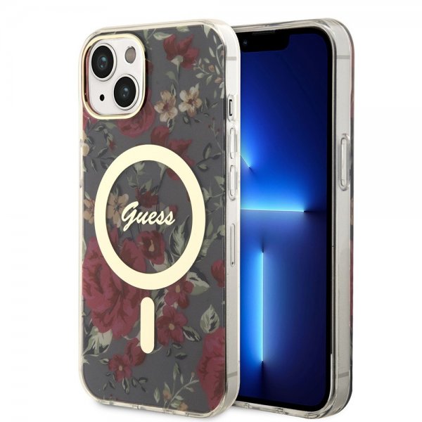 Guess iPhone 14 -suojakuori Flower MagSafe Kaki