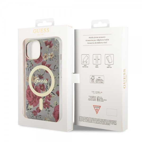Guess iPhone 14 -suojakuori Flower MagSafe Kaki