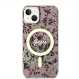 Guess iPhone 14 -suojakuori Flower MagSafe, pinkki
