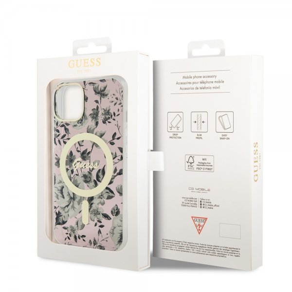 Guess iPhone 14 -suojakuori Flower MagSafe, pinkki