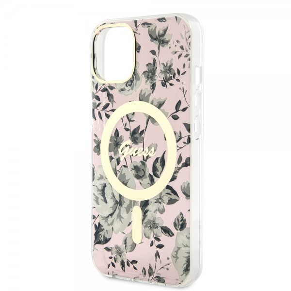 Guess iPhone 14 -suojakuori Flower MagSafe, pinkki