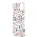 Guess iPhone 14 -suojakuori Flower MagSafe, pinkki