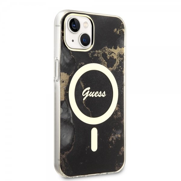 Guess iPhone 14 -suojakuori Golden Marble MagSafe, musta