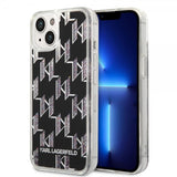 Karl Lagerfeld iPhone 14 -suojakuori, nestemäistä glitteriä, monogrammi, musta