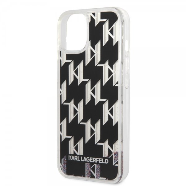 Karl Lagerfeld iPhone 14 -suojakuori, nestemäistä glitteriä, monogrammi, musta