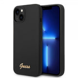 Guess iPhone 14 -suojakuori Liquid Silicone Metal Logo, musta