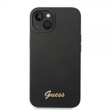 Guess iPhone 14 -suojakuori Liquid Silicone Metal Logo, musta