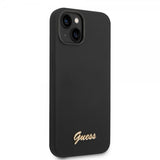 Guess iPhone 14 -suojakuori Liquid Silicone Metal Logo, musta