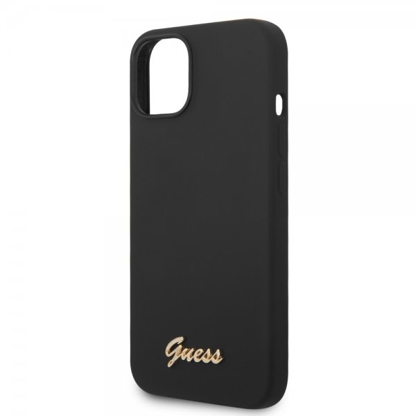 Guess iPhone 14 -suojakuori Liquid Silicone Metal Logo, musta