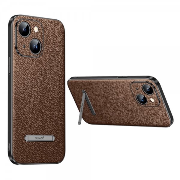 Sulada iPhone 14 -kuori jalustalla, ruskea