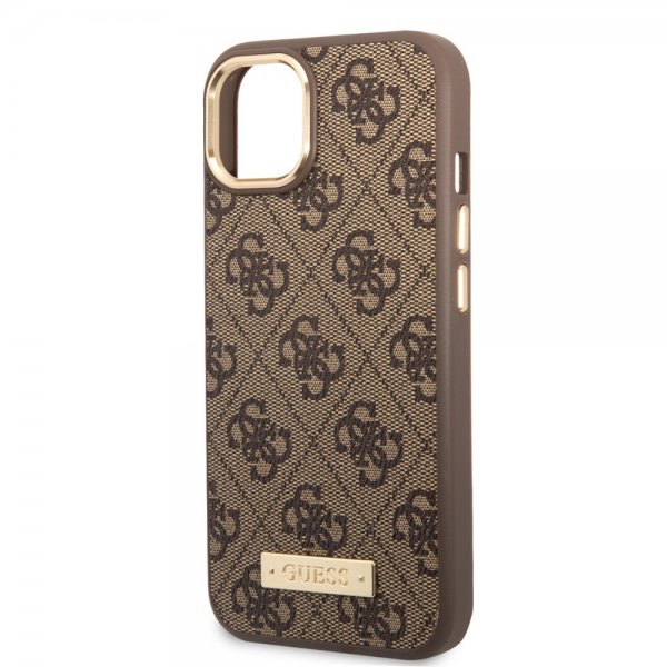 Guess iPhone 14 -suojakuori Metal Plate Logo MagSafe ruskea