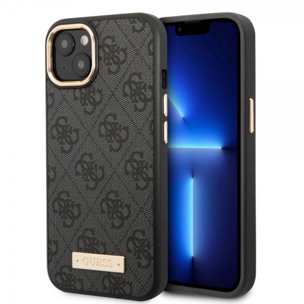Guess iPhone 14 -suojakuori, metallinen logolevy, MagSafe, musta