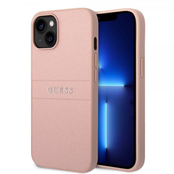Guess iPhone 14 -suojakuori Saffiano Metal Logo Stripes, pinkki