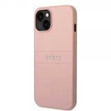Guess iPhone 14 -suojakuori Saffiano Metal Logo Stripes, pinkki