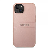 Guess iPhone 14 -suojakuori Saffiano Metal Logo Stripes, pinkki
