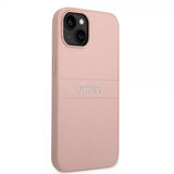 Guess iPhone 14 -suojakuori Saffiano Metal Logo Stripes, pinkki