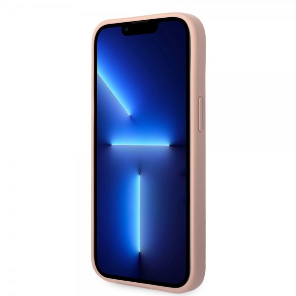 Guess iPhone 14 -suojakuori Saffiano Metal Logo Stripes, pinkki