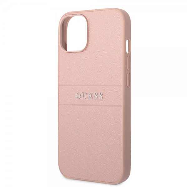 Guess iPhone 14 -suojakuori Saffiano Metal Logo Stripes, pinkki