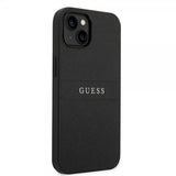 Guess iPhone 14 -suojakuori Saffiano Metal Logo Stripes, musta