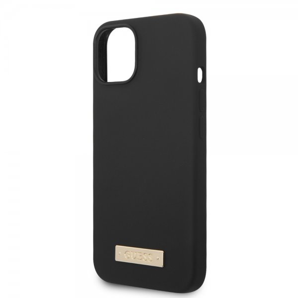 Guess iPhone 13 -kuori, silikoni, metallilevy, MagSafe, musta