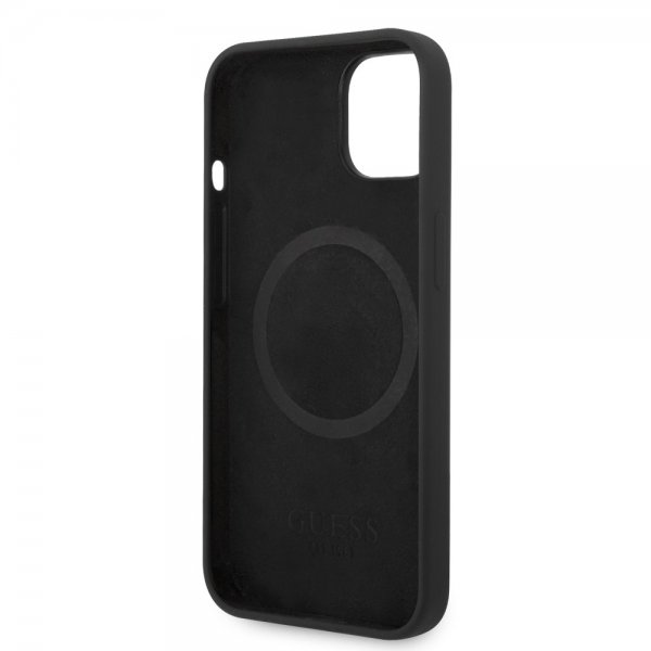 Guess iPhone 14 -suojakuori, silikonia, metallilevy, MagSafe, musta