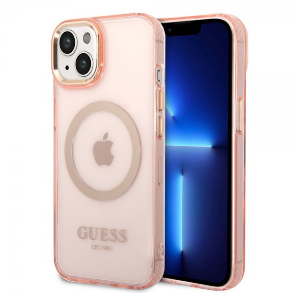 Guess iPhone 14 -läpinäkyvä MagSafe-kuori, pinkki