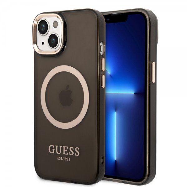 Guess iPhone 14 -läpinäkyvä MagSafe-suojakuori, musta