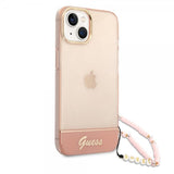 Guess iPhone 14 -läpinäkyvä kuori hihnalla, pinkki