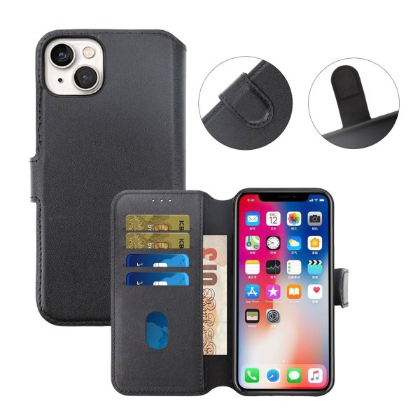 Rvelon iPhone 15 Plus Kotelo Aitoa Nahkaa Musta