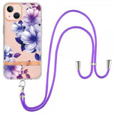 iPhone 15 Plus Kuori Kukkakuviointi hihnalla, violetti begonia