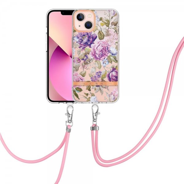 iPhone 15 Plus Suojakuori Kukkakuvio ja Hihna Liila Pioni