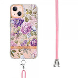 iPhone 15 Plus Suojakuori Kukkakuvio ja Hihna Liila Pioni
