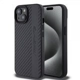 Mercedes Benz iPhone 15 Plus Suojakuori Carbon Effect Leather Stripe AMG Musta