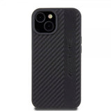 Mercedes Benz iPhone 15 Plus Suojakuori Carbon Effect Leather Stripe AMG Musta