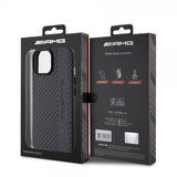 Mercedes Benz iPhone 15 Plus Suojakuori Carbon Effect Leather Stripe AMG Musta