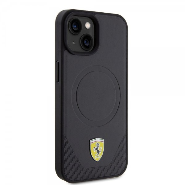 Ferrari iPhone 15 Plus Suojakuori Carbon PU Nahka MagSafe Musta