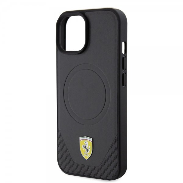 Ferrari iPhone 15 Plus Suojakuori Carbon PU Nahka MagSafe Musta