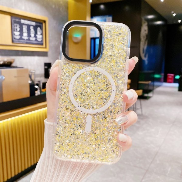 iPhone 15 Plus Suojakuori Glitter MagSafe Keltainen