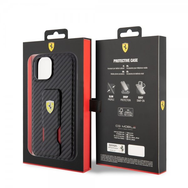 Ferrari iPhone 15 Plus Suojakuori Grip Stand -toiminnolla Musta