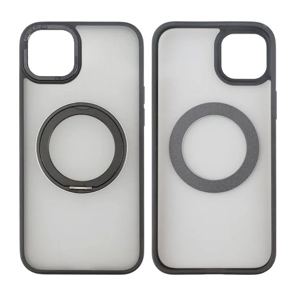 Rvelon iPhone 15 Plus -suojakuori pyörivällä MagSafe-jalustalla, musta