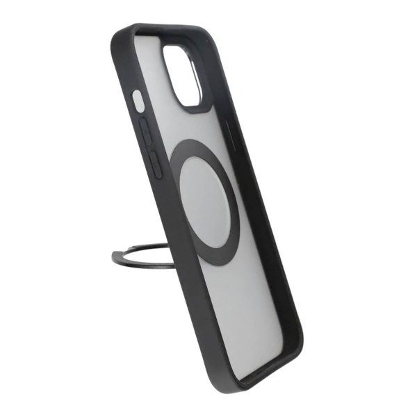 Rvelon iPhone 15 Plus -suojakuori pyörivällä MagSafe-jalustalla, musta